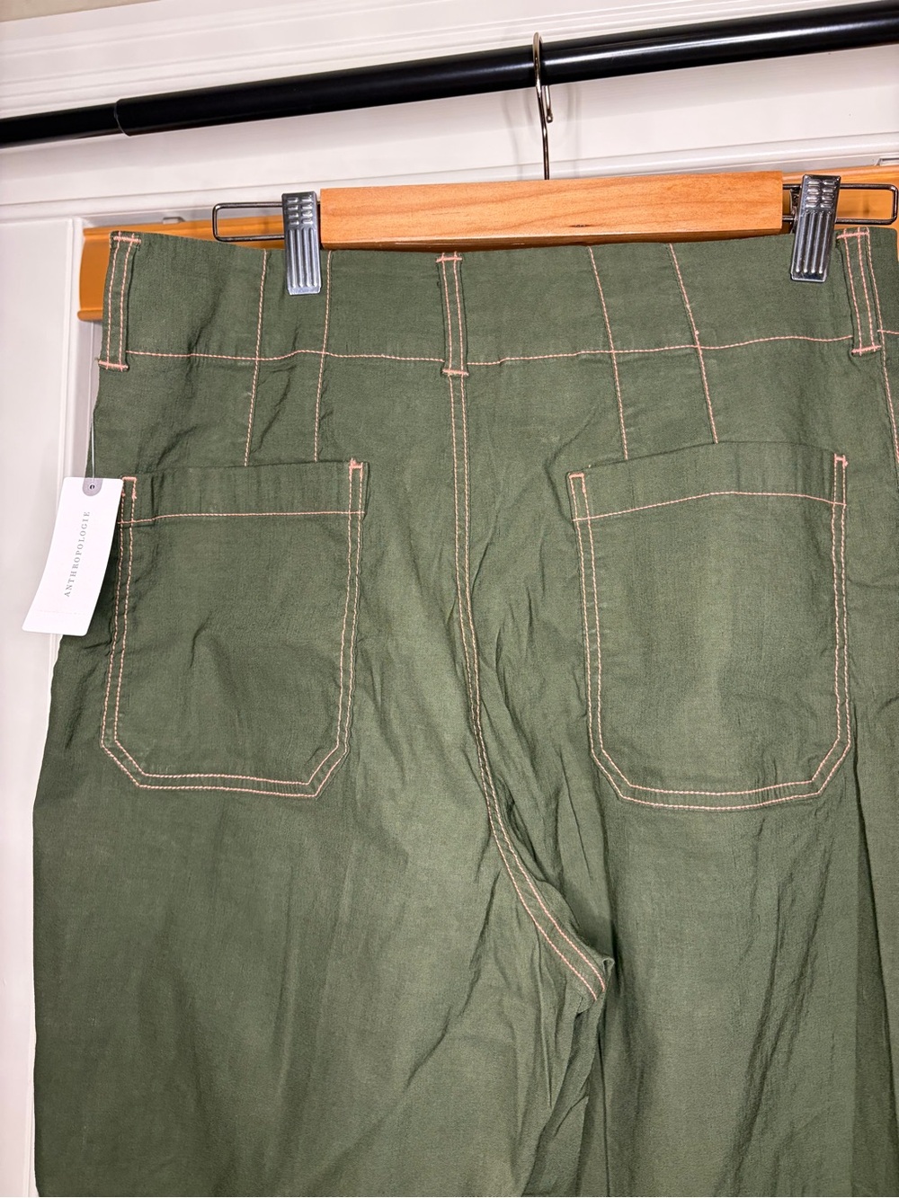 Maeve Olive Green High-Waist Wide Leg Pants with Contrast Stitching - Picture 4 of 8